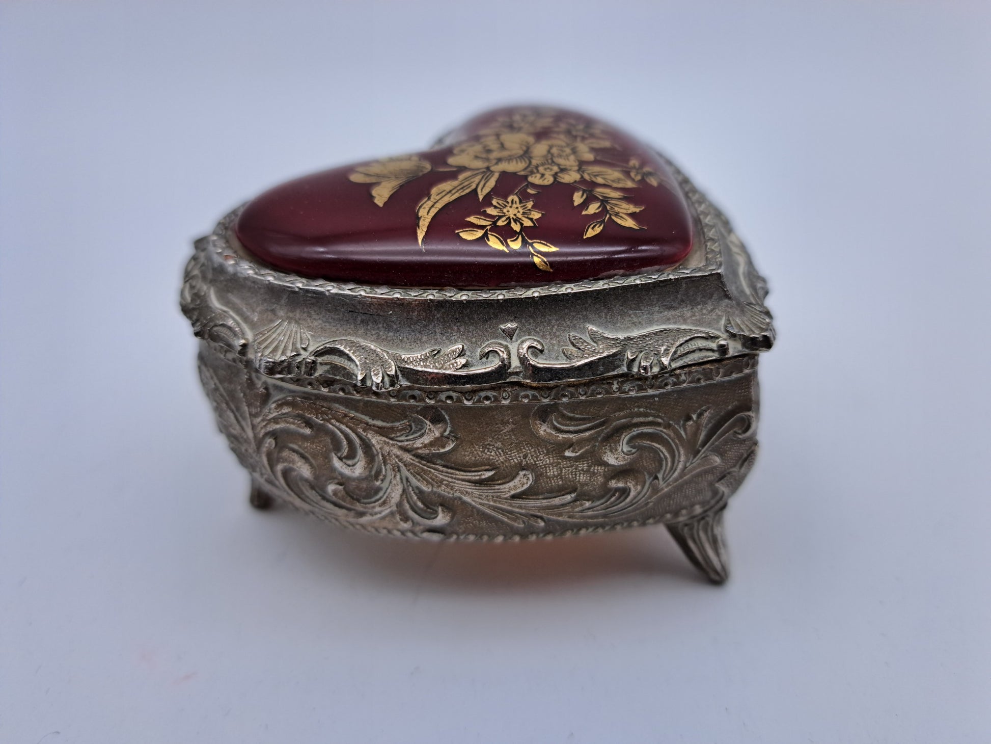 Vintage Japanese Heart-Shaped Trinket Box - Red Enamel & Gold Floral Detail
