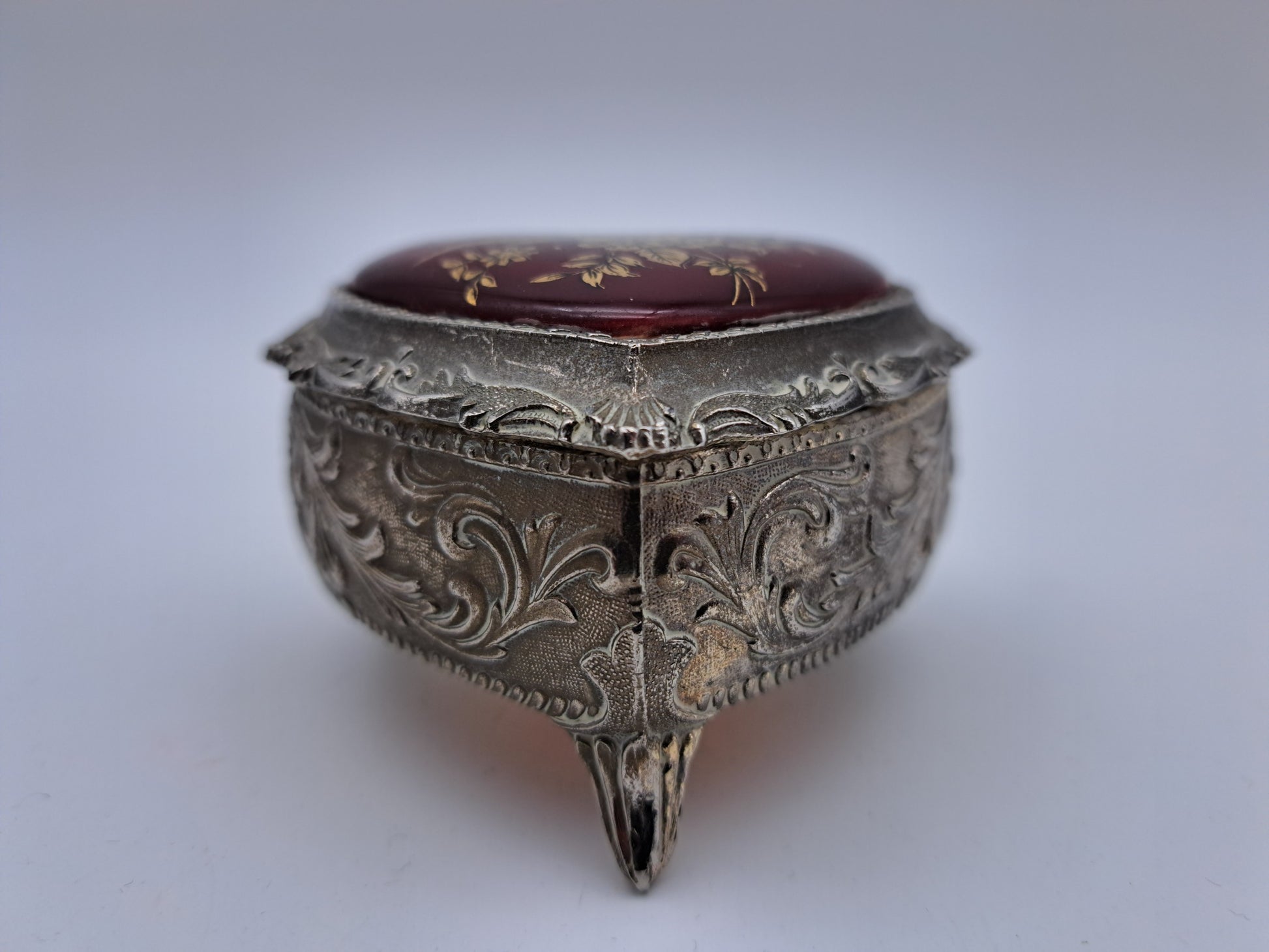 Vintage Japanese Heart-Shaped Trinket Box - Red Enamel & Gold Floral Detail