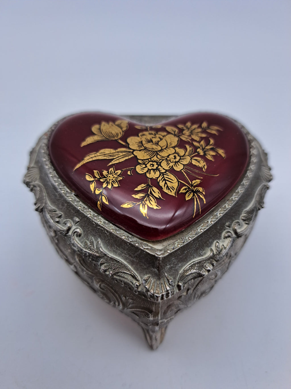 Vintage Japanese Heart-Shaped Trinket Box - Red Enamel & Gold Floral Detail
