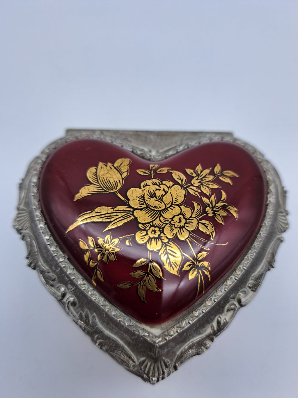 Vintage Japanese Heart-Shaped Trinket Box - Red Enamel & Gold Floral Detail