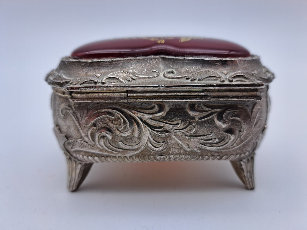 Vintage Japanese Heart-Shaped Trinket Box - Red Enamel & Gold Floral Detail