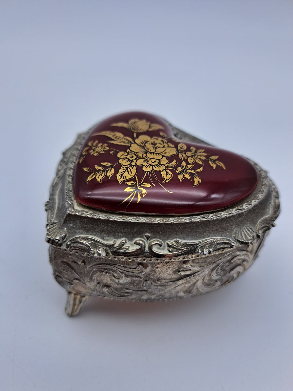 Vintage Japanese Heart-Shaped Trinket Box - Red Enamel & Gold Floral Detail