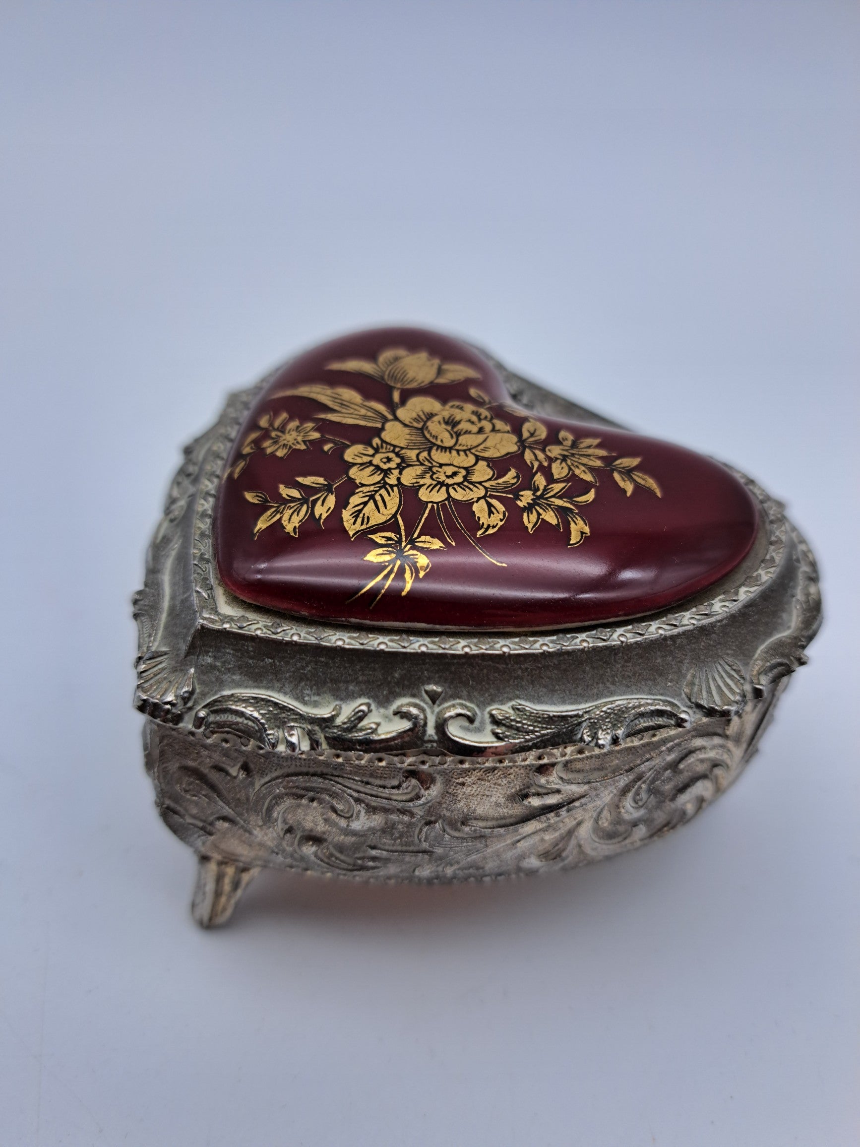 Vintage Japanese Heart-Shaped Trinket Box - Red Enamel & Gold Floral Detail