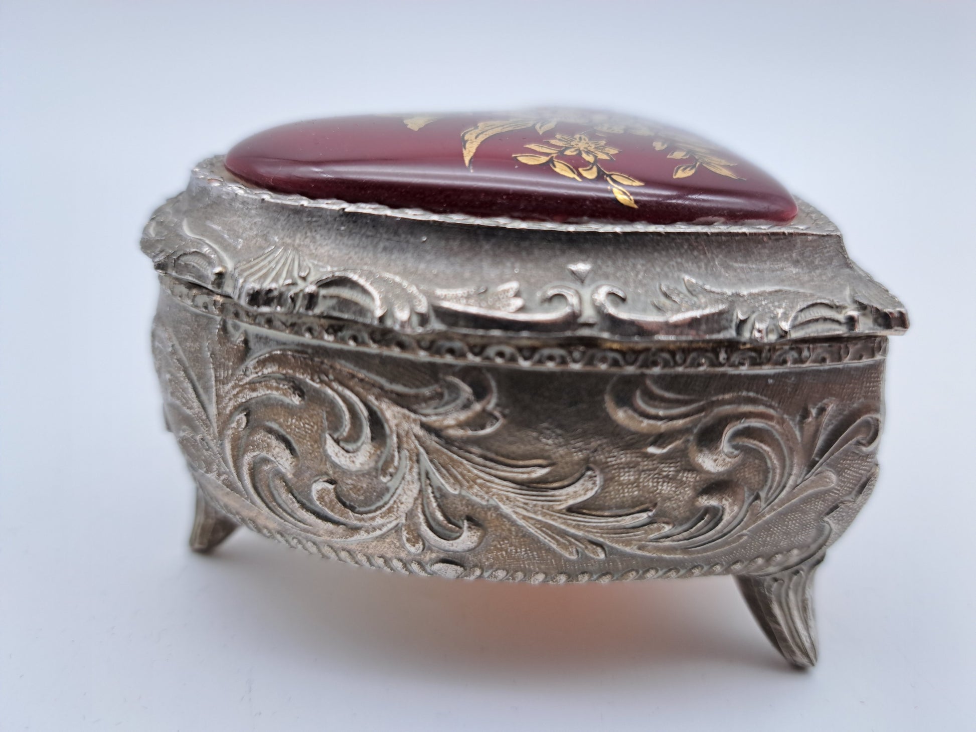 Vintage Japanese Heart-Shaped Trinket Box - Red Enamel & Gold Floral Detail