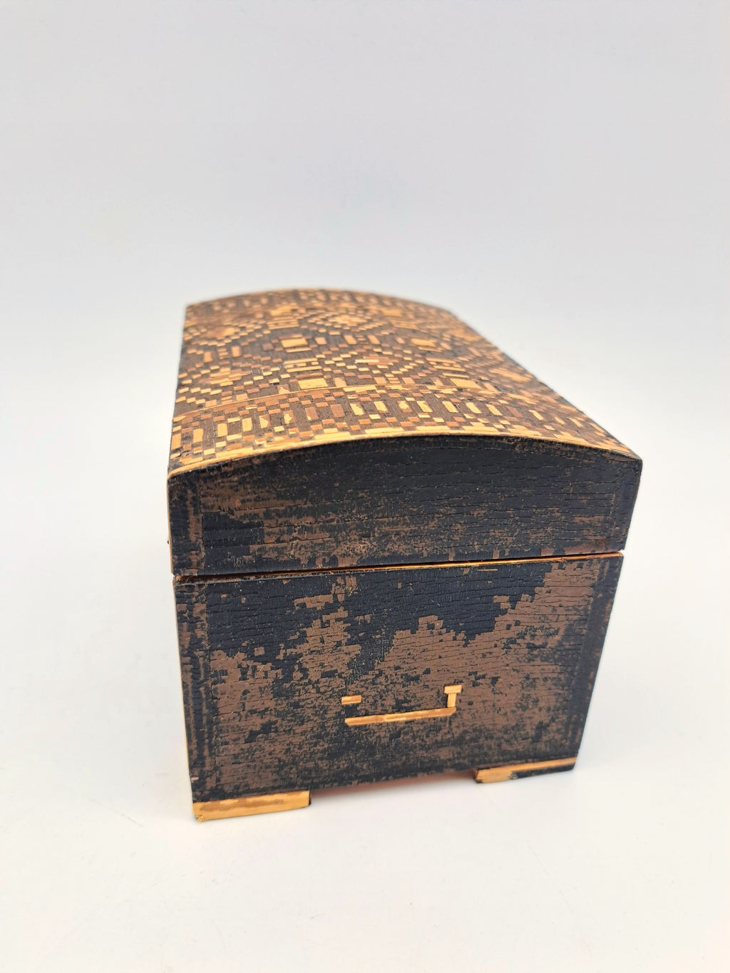 Vintage Straw Marquetry Domed Trinket Box, Intricate Geometric Mosaic Inlay