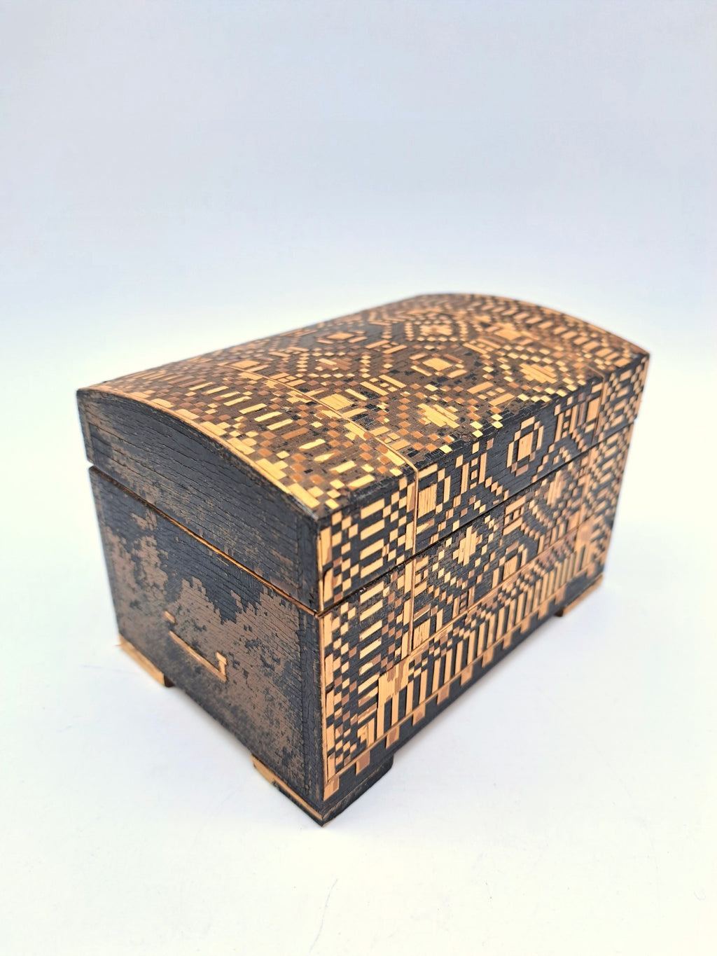 Vintage Straw Marquetry Domed Trinket Box, Intricate Geometric Mosaic Inlay