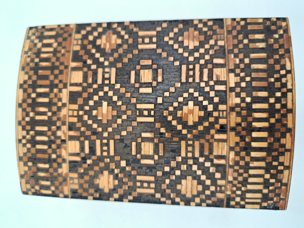 Vintage Straw Marquetry Domed Trinket Box, Intricate Geometric Mosaic Inlay