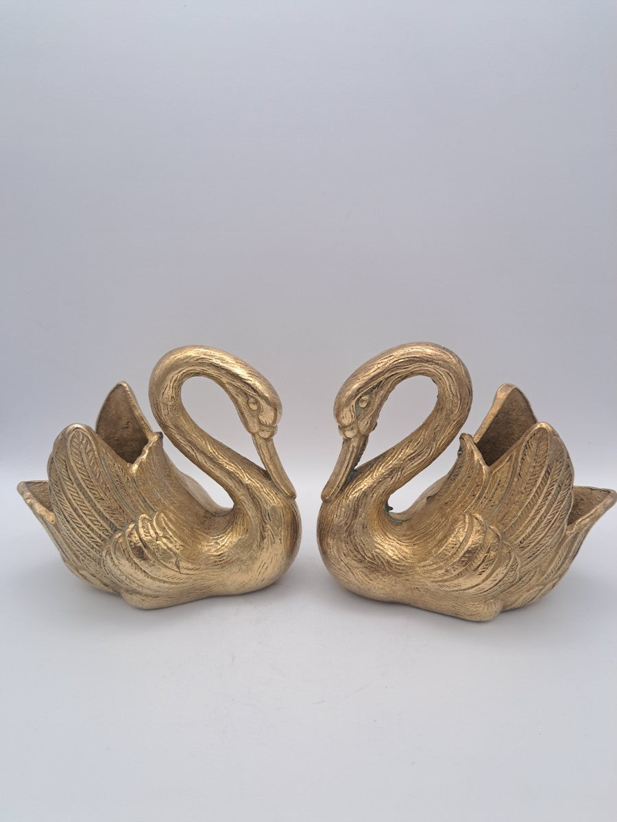Pair of Solid Brass Swan Planters/ Figures