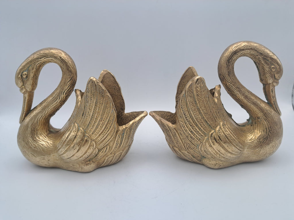 Pair of Solid Brass Swan Planters/ Figures