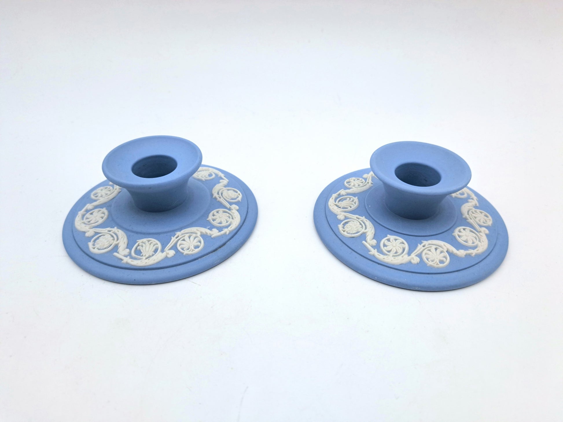 Pair of Vintage Wedgwood Pale Blue Jasperware Candle Holders