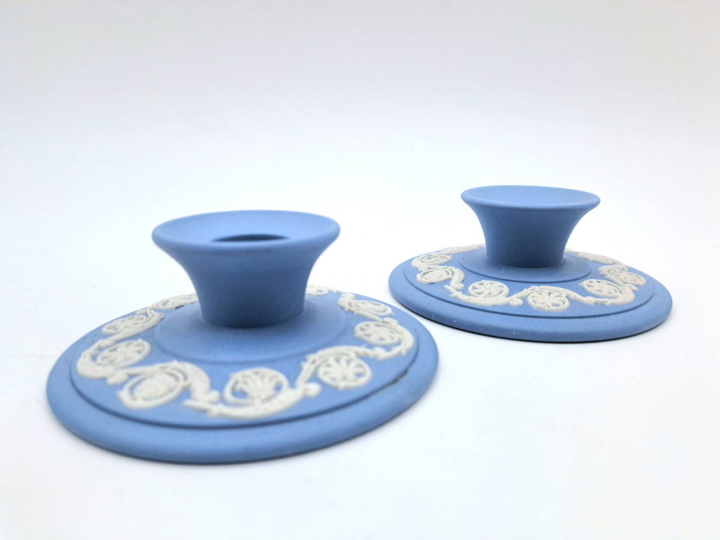 Pair of Vintage Wedgwood Pale Blue Jasperware Candle Holders