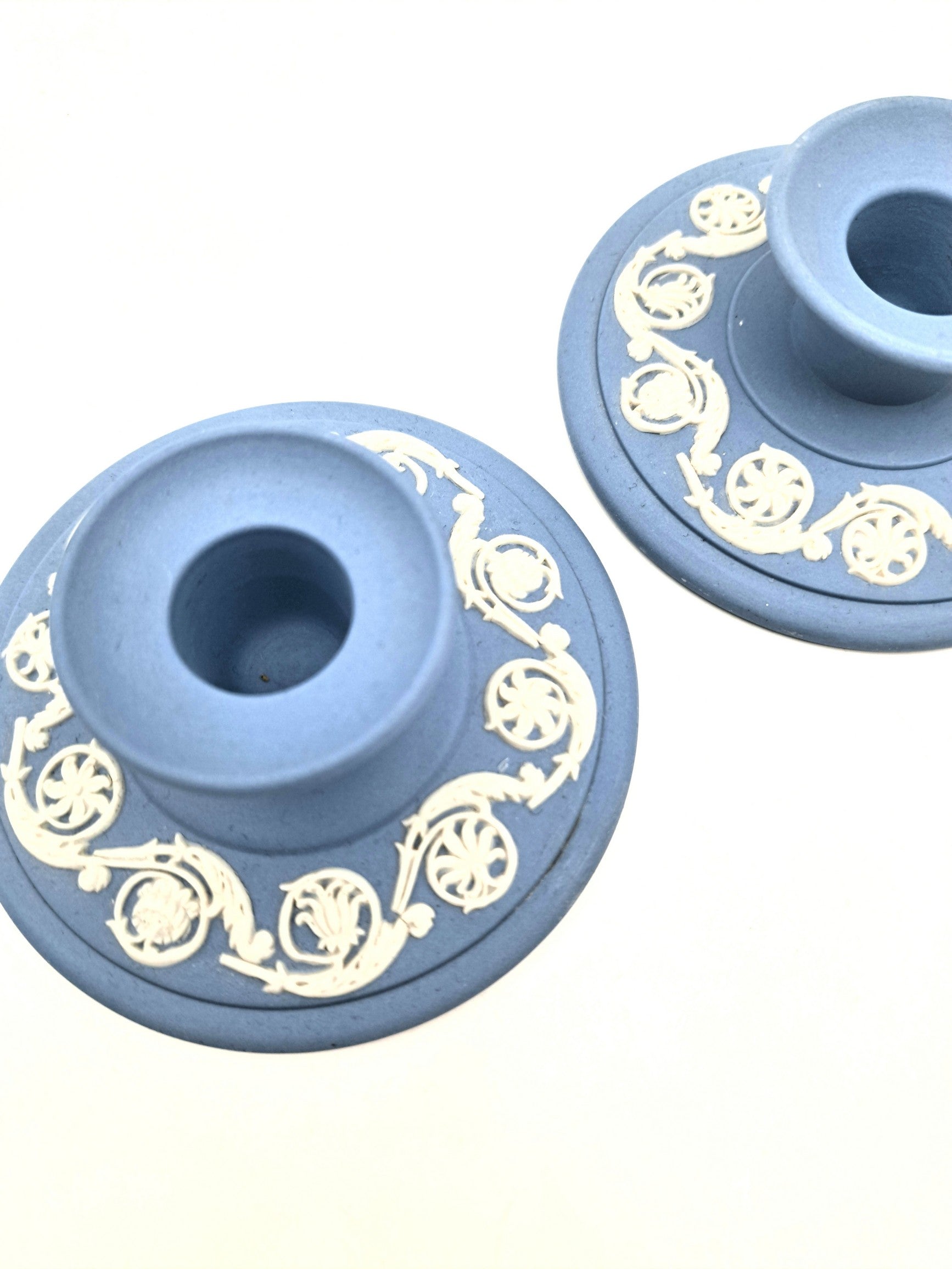 Pair of Vintage Wedgwood Pale Blue Jasperware Candle Holders