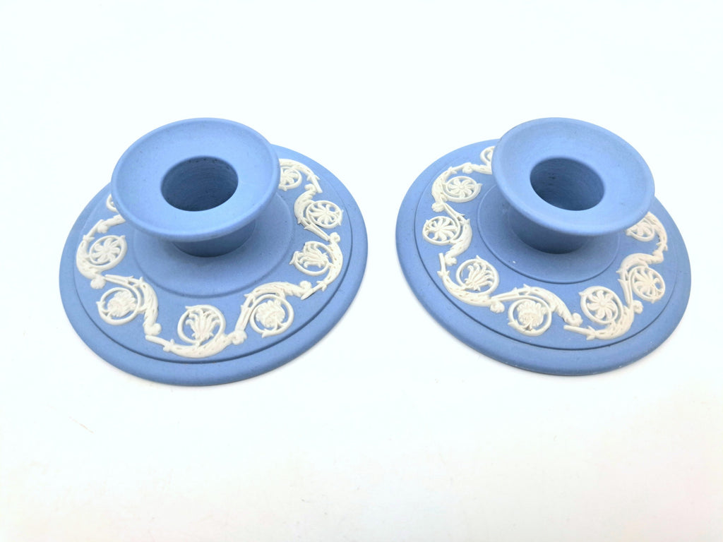 Pair of Vintage Wedgwood Pale Blue Jasperware Candle Holders