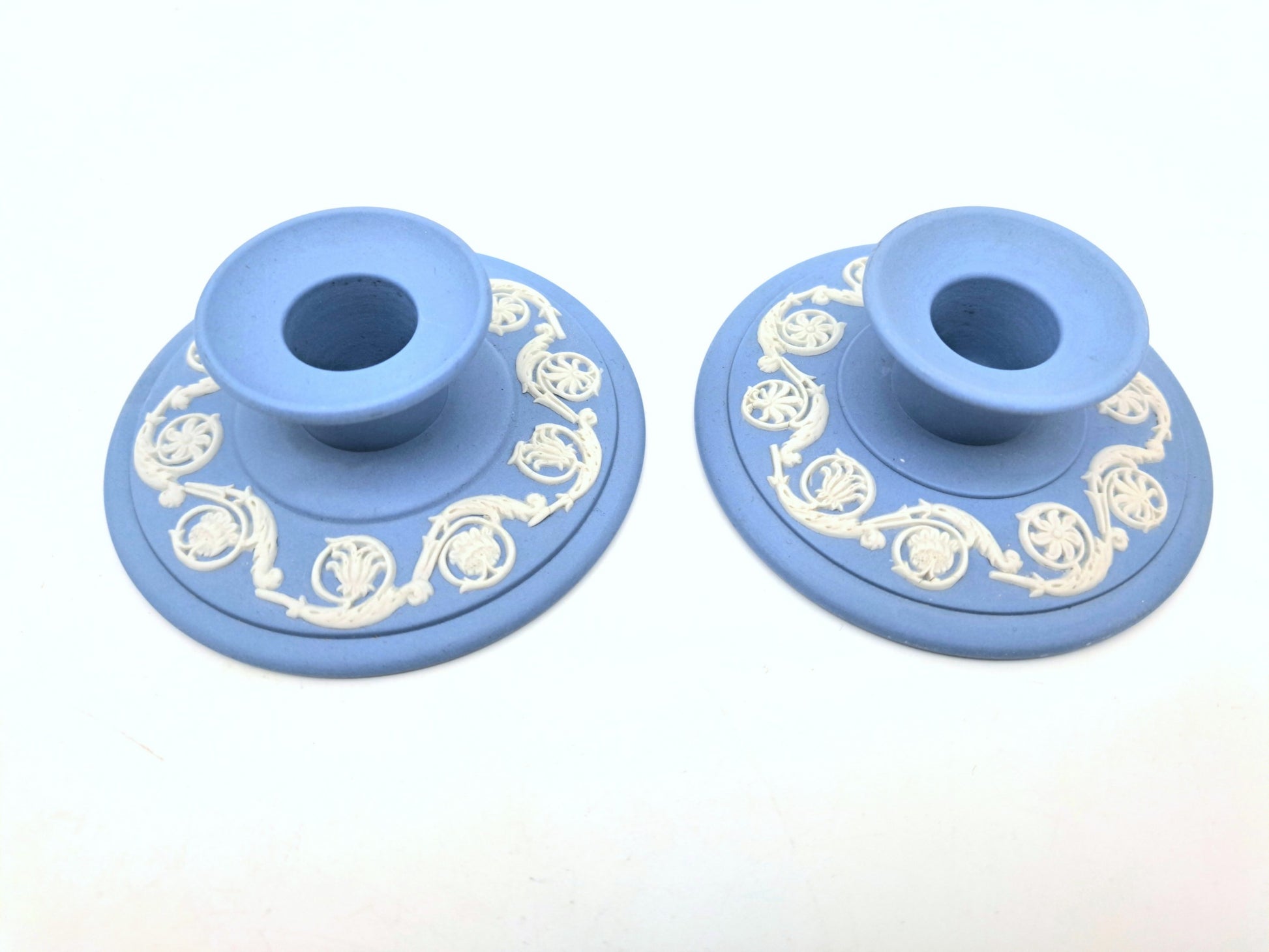 Pair of Vintage Wedgwood Pale Blue Jasperware Candle Holders