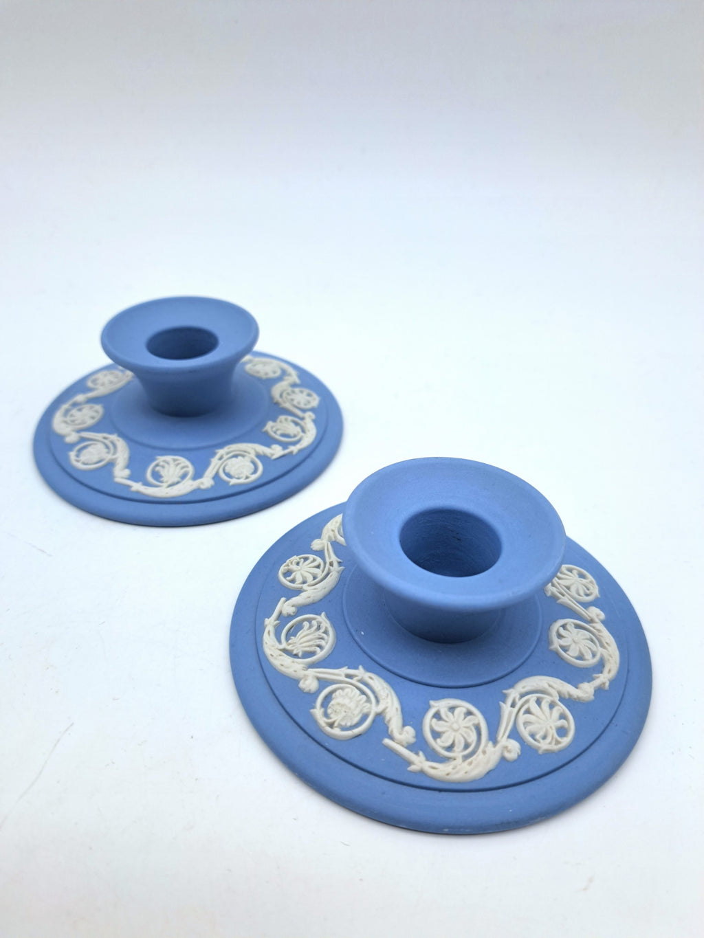 Pair of Vintage Wedgwood Pale Blue Jasperware Candle Holders