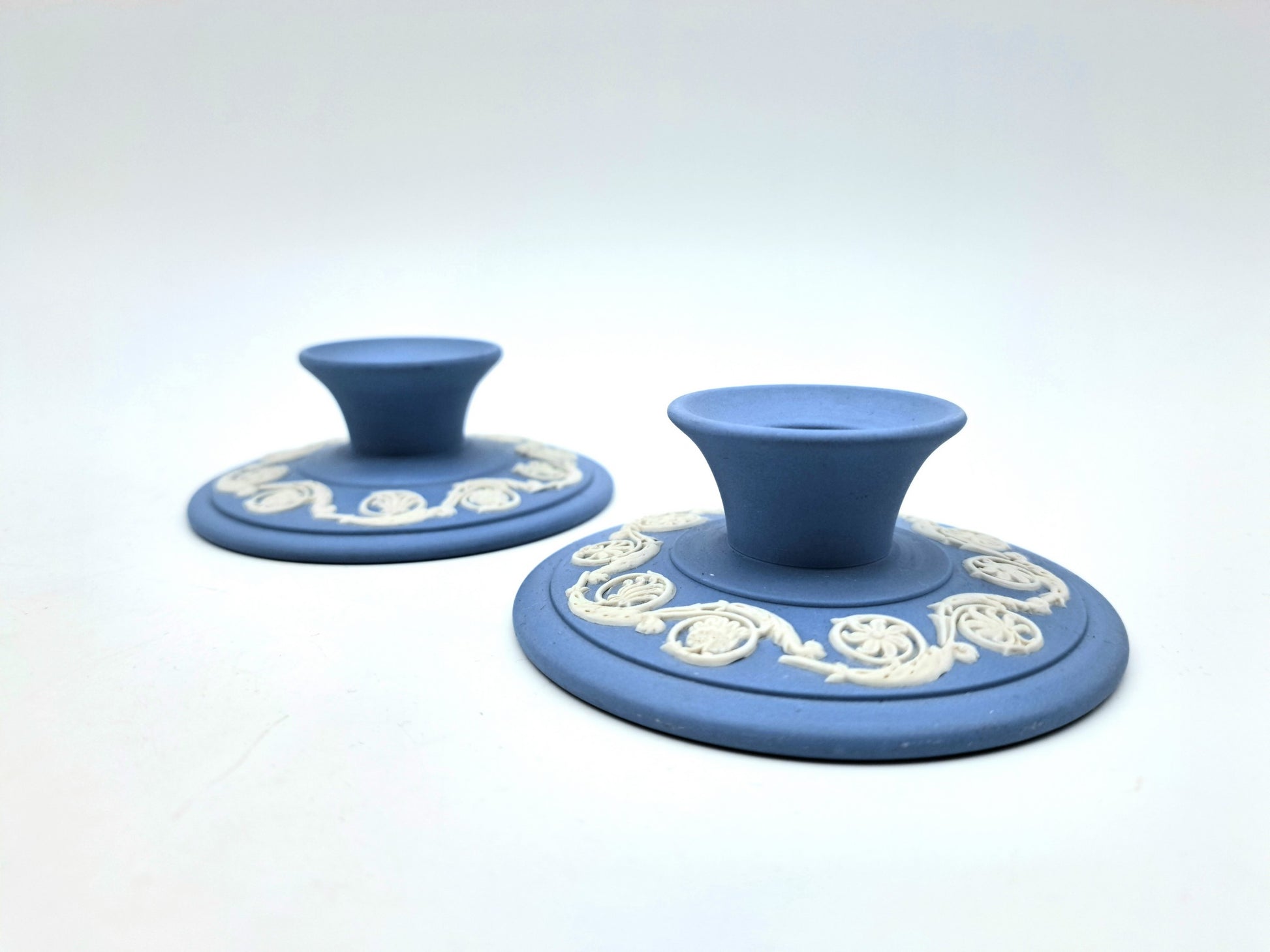 Pair of Vintage Wedgwood Pale Blue Jasperware Candle Holders