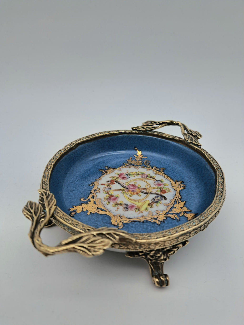 Vintage French Style Porcelain Bonbon Dish – Blue Crackle Glaze Mounted Footed Bowl