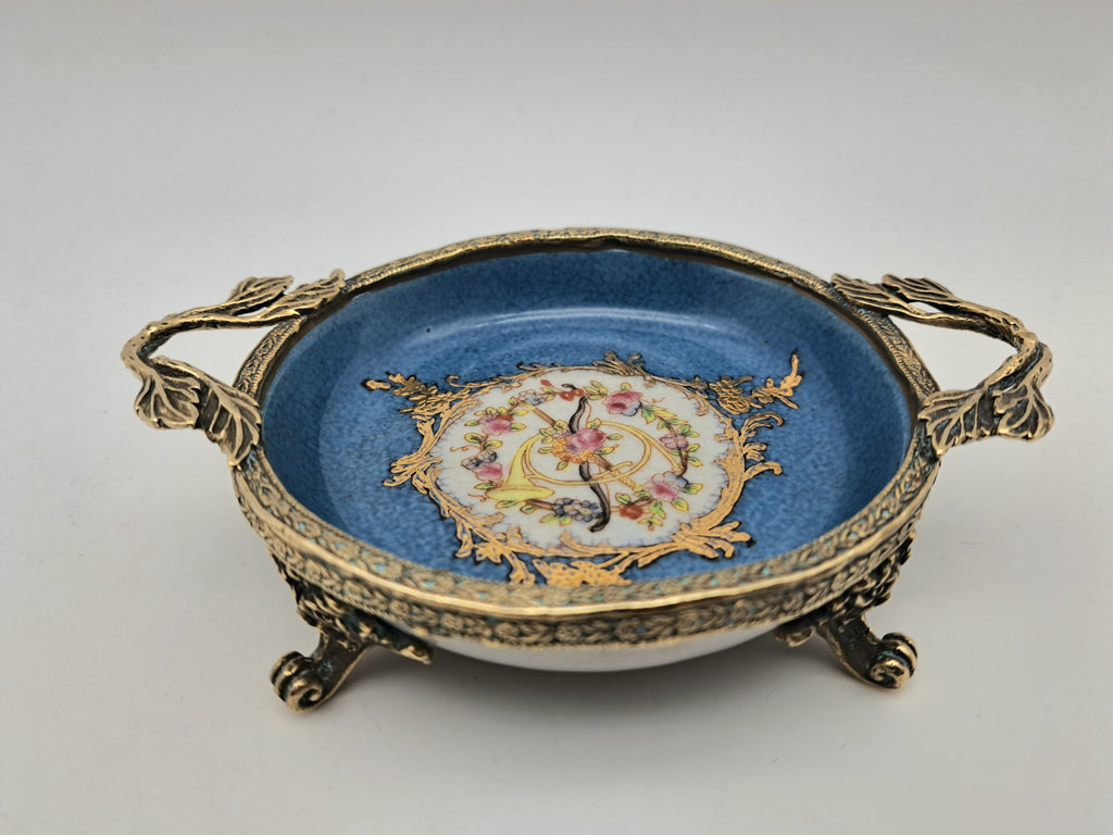 Vintage French Style Porcelain Bonbon Dish – Blue Crackle Glaze Mounted Footed Bowl