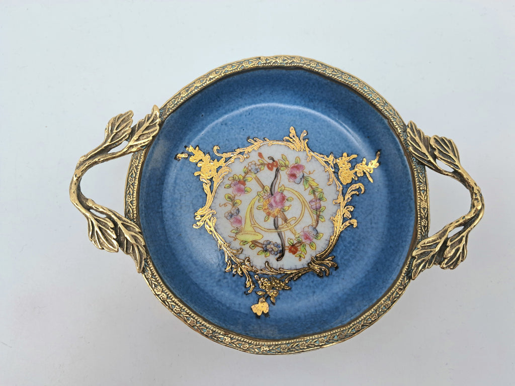 Vintage French Style Porcelain Bonbon Dish – Blue Crackle Glaze Mounted Footed Bowl