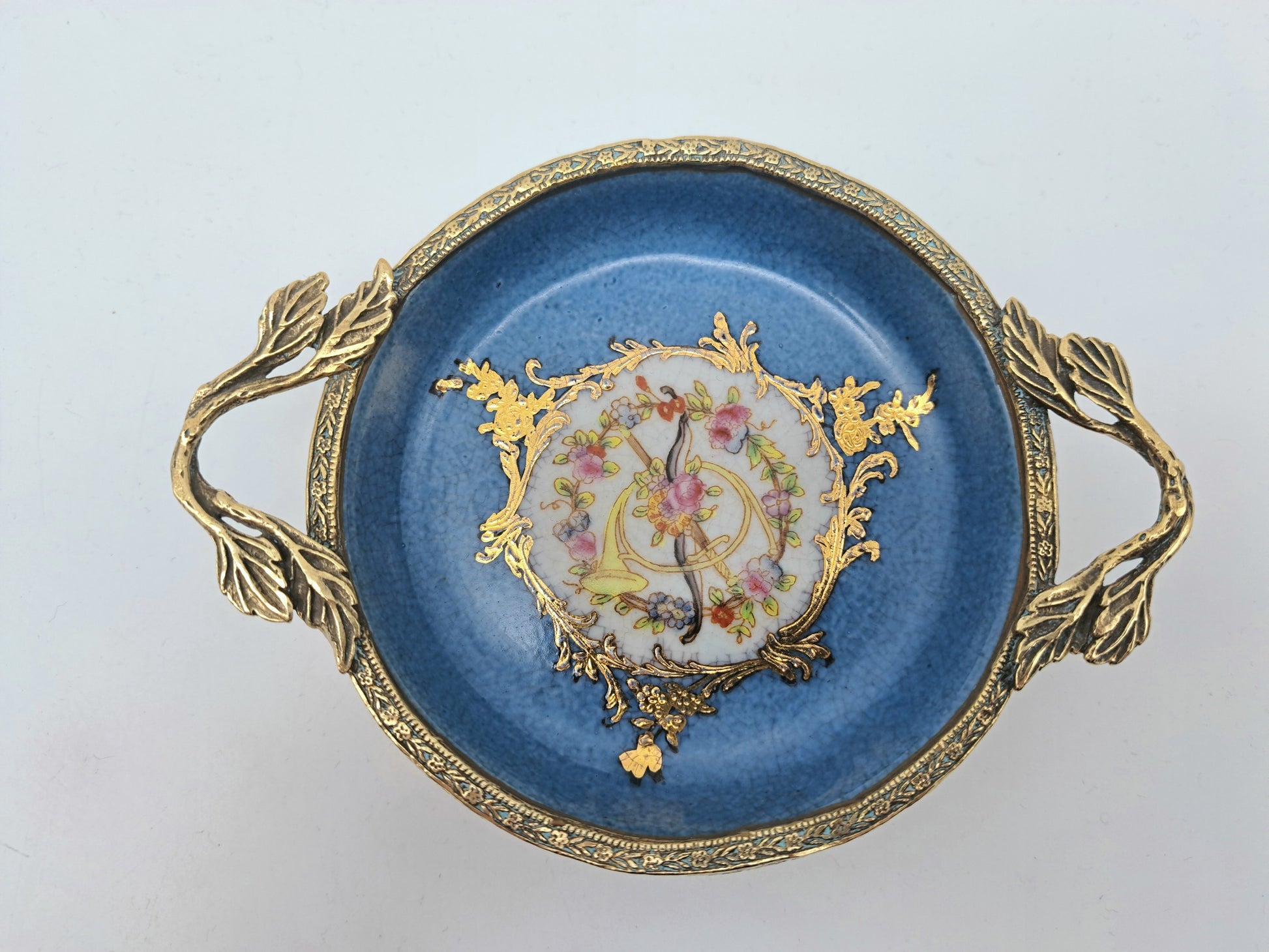 Vintage French Style Porcelain Bonbon Dish – Blue Crackle Glaze Mounted Footed Bowl