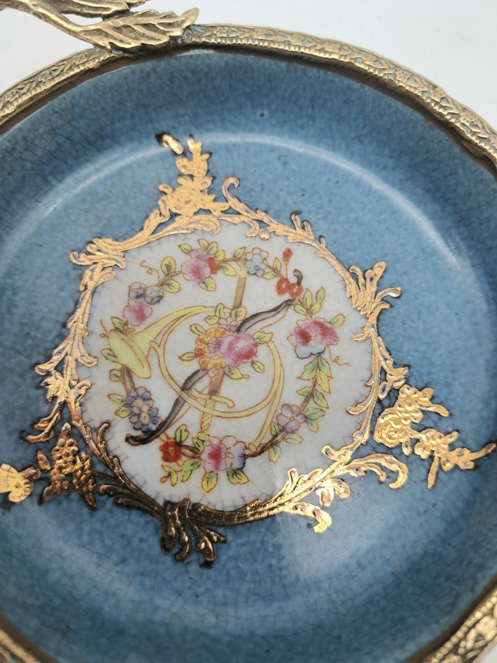 Vintage French Style Porcelain Bonbon Dish – Blue Crackle Glaze Mounted Footed Bowl