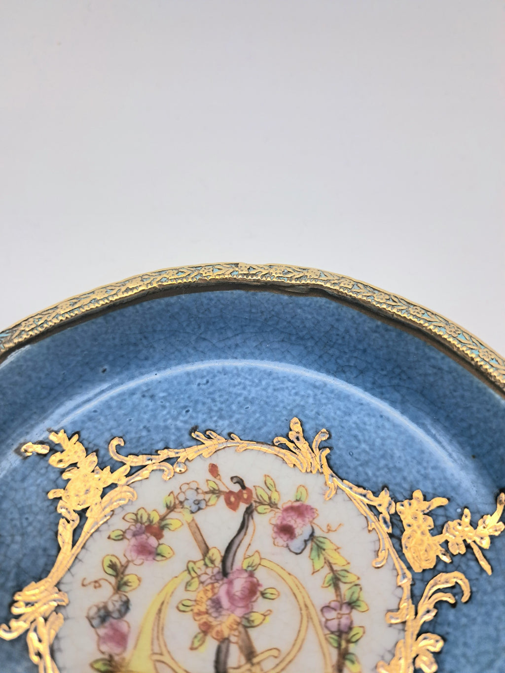 Vintage French Style Porcelain Bonbon Dish – Blue Crackle Glaze Mounted Footed Bowl