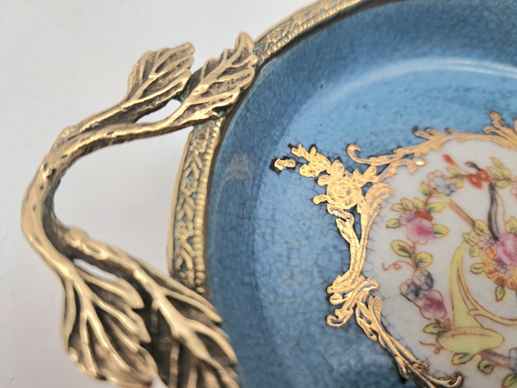 Vintage French Style Porcelain Bonbon Dish – Blue Crackle Glaze Mounted Footed Bowl