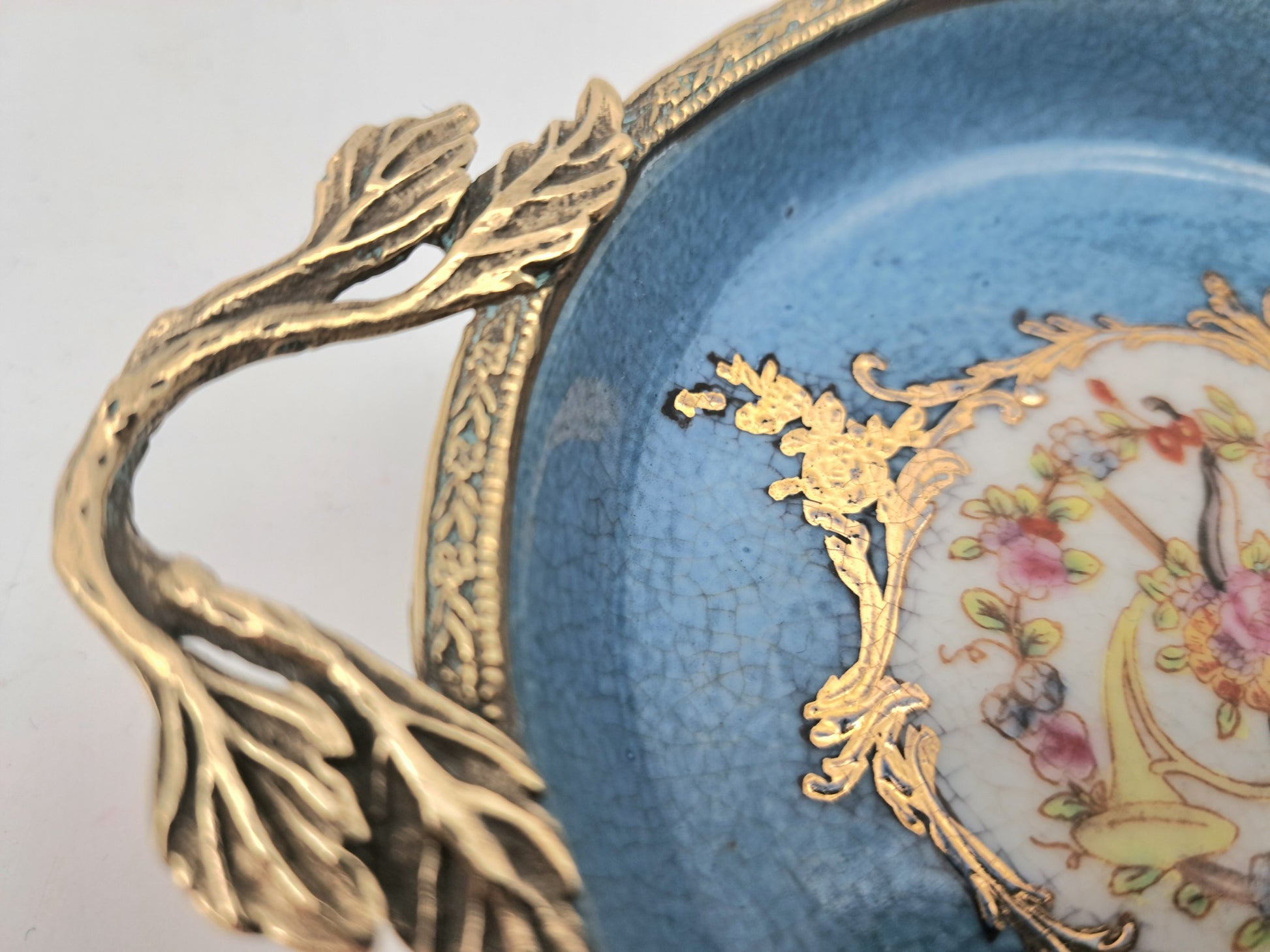 Vintage French Style Porcelain Bonbon Dish – Blue Crackle Glaze Mounted Footed Bowl