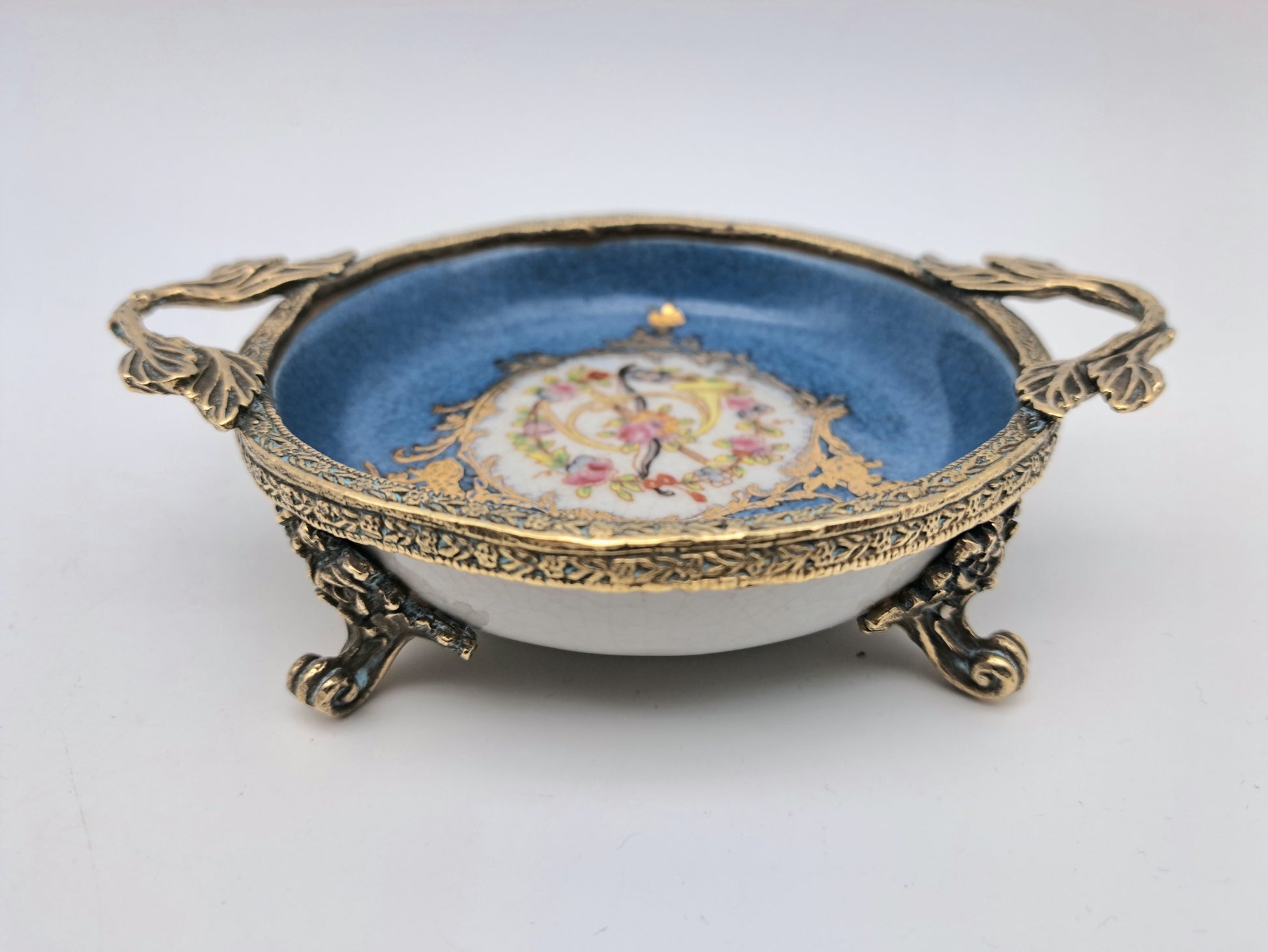 Vintage French Style Porcelain Bonbon Dish – Blue Crackle Glaze Mounted Footed Bowl