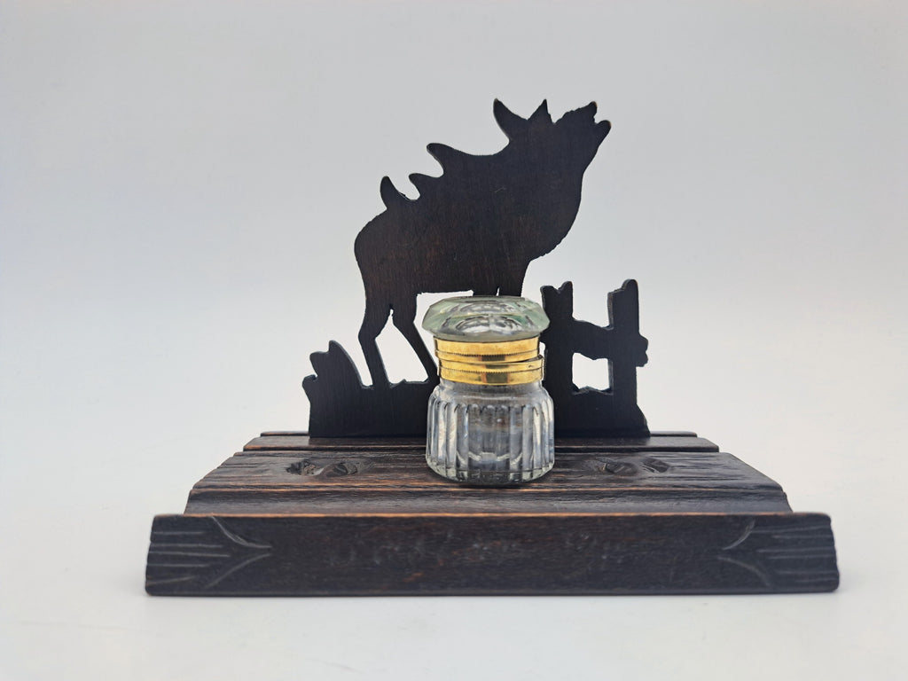 Vintage Hand-Carved Wooden Stag Inkwell Desk Stand