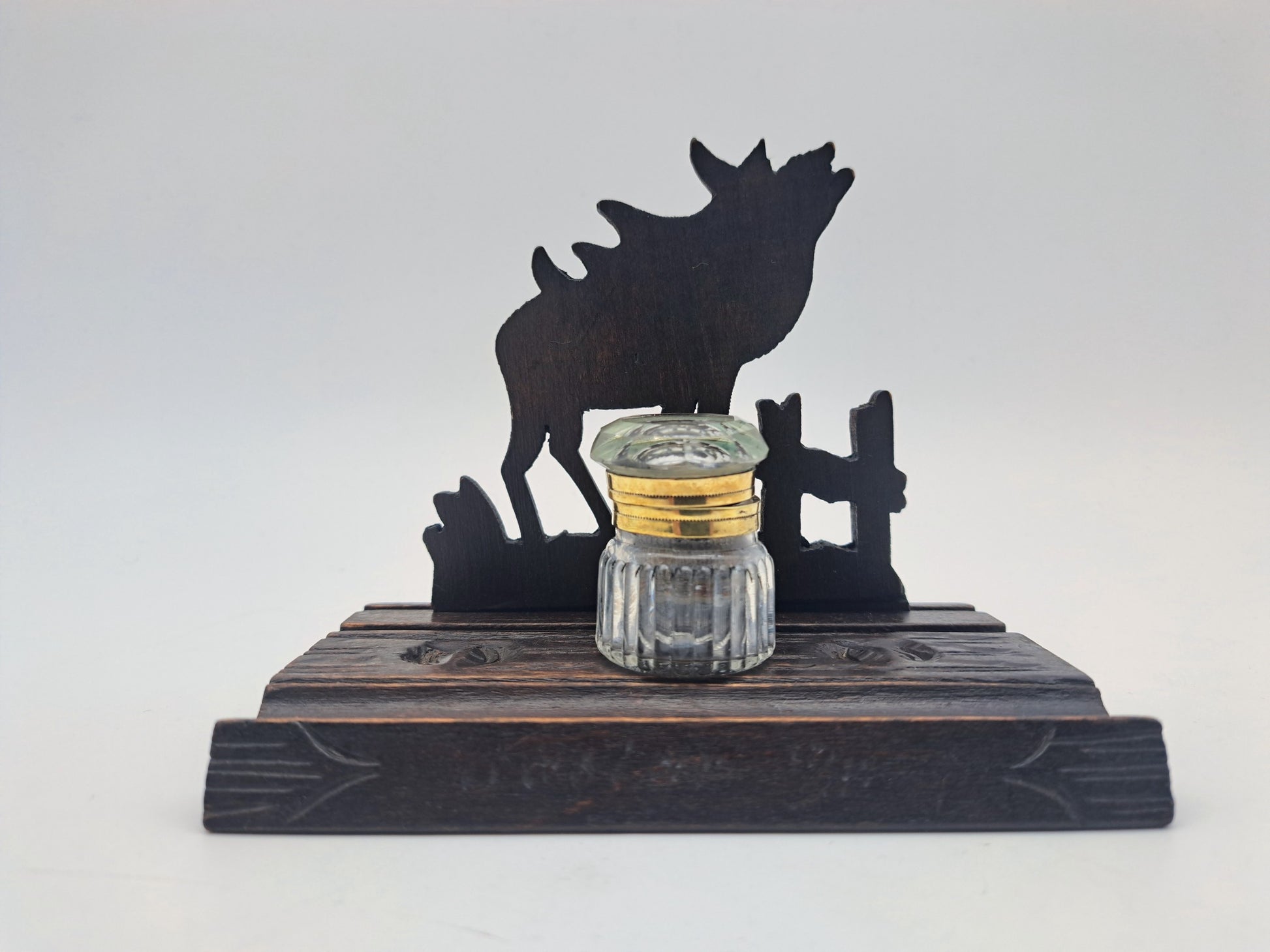 Vintage Hand-Carved Wooden Stag Inkwell Desk Stand