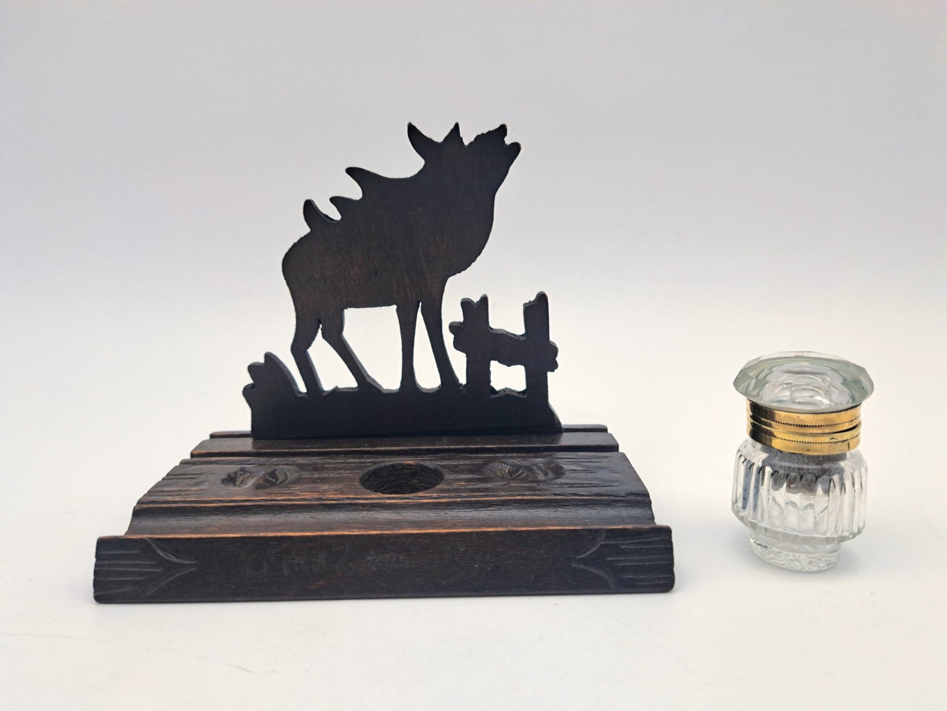 Vintage Hand-Carved Wooden Stag Inkwell Desk Stand