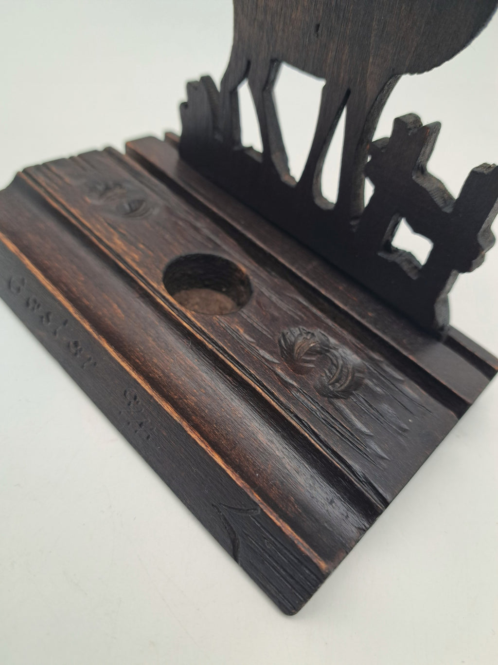 Vintage Hand-Carved Wooden Stag Inkwell Desk Stand