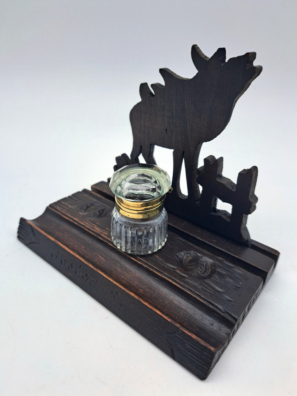 Vintage Hand-Carved Wooden Stag Inkwell Desk Stand
