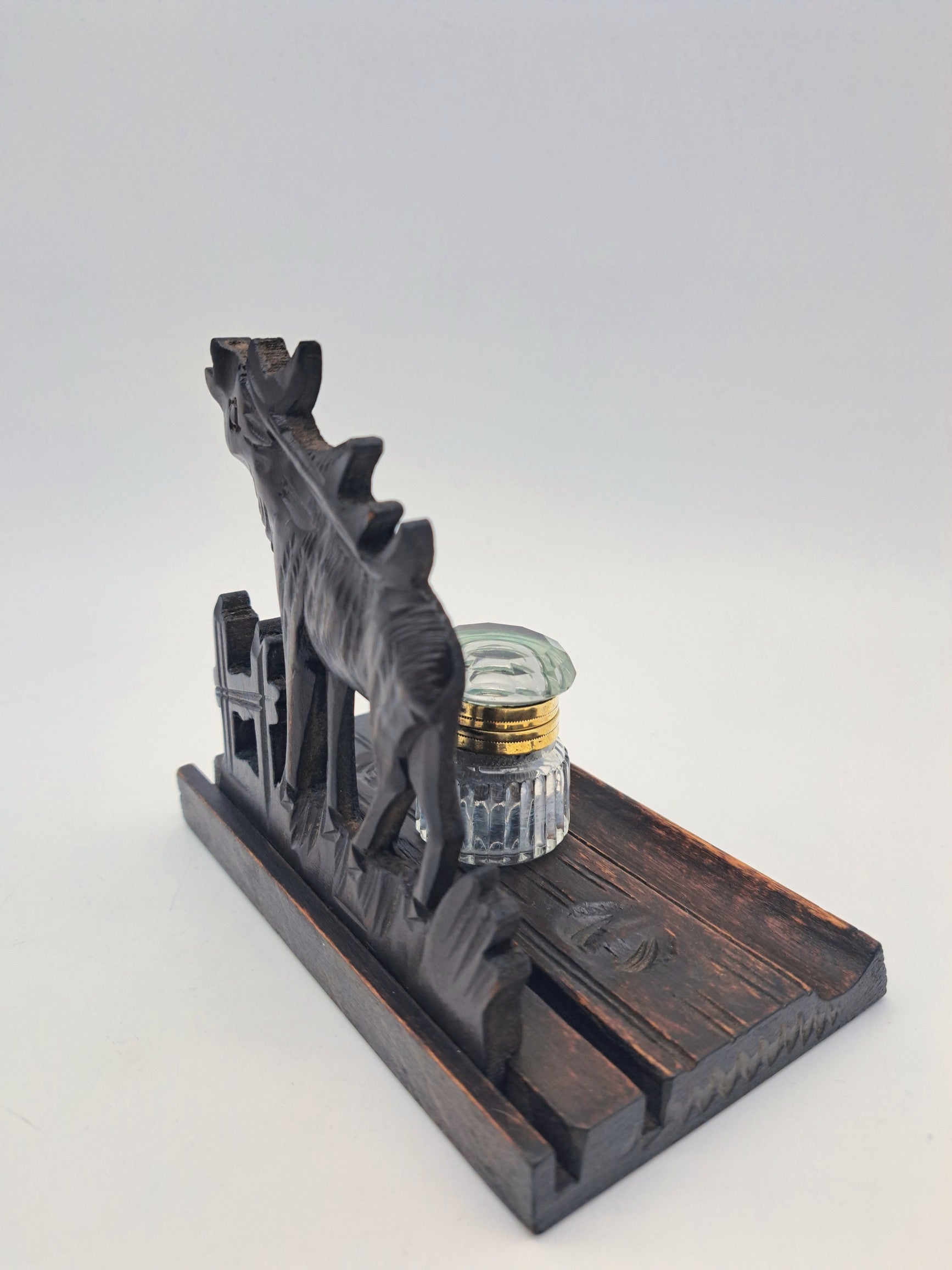 Vintage Hand-Carved Wooden Stag Inkwell Desk Stand