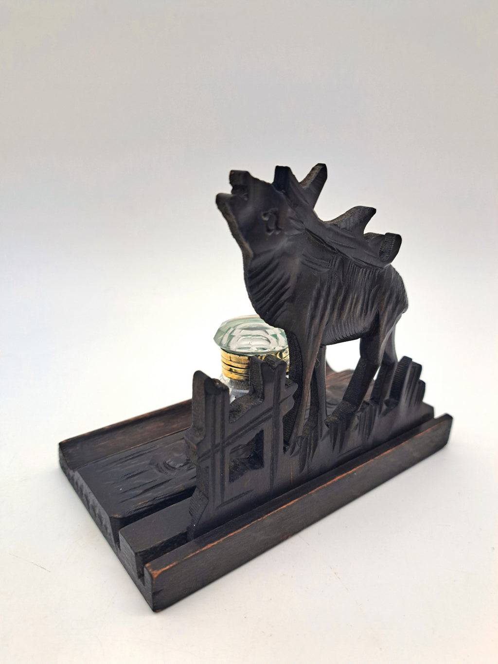 Vintage Hand-Carved Wooden Stag Inkwell Desk Stand