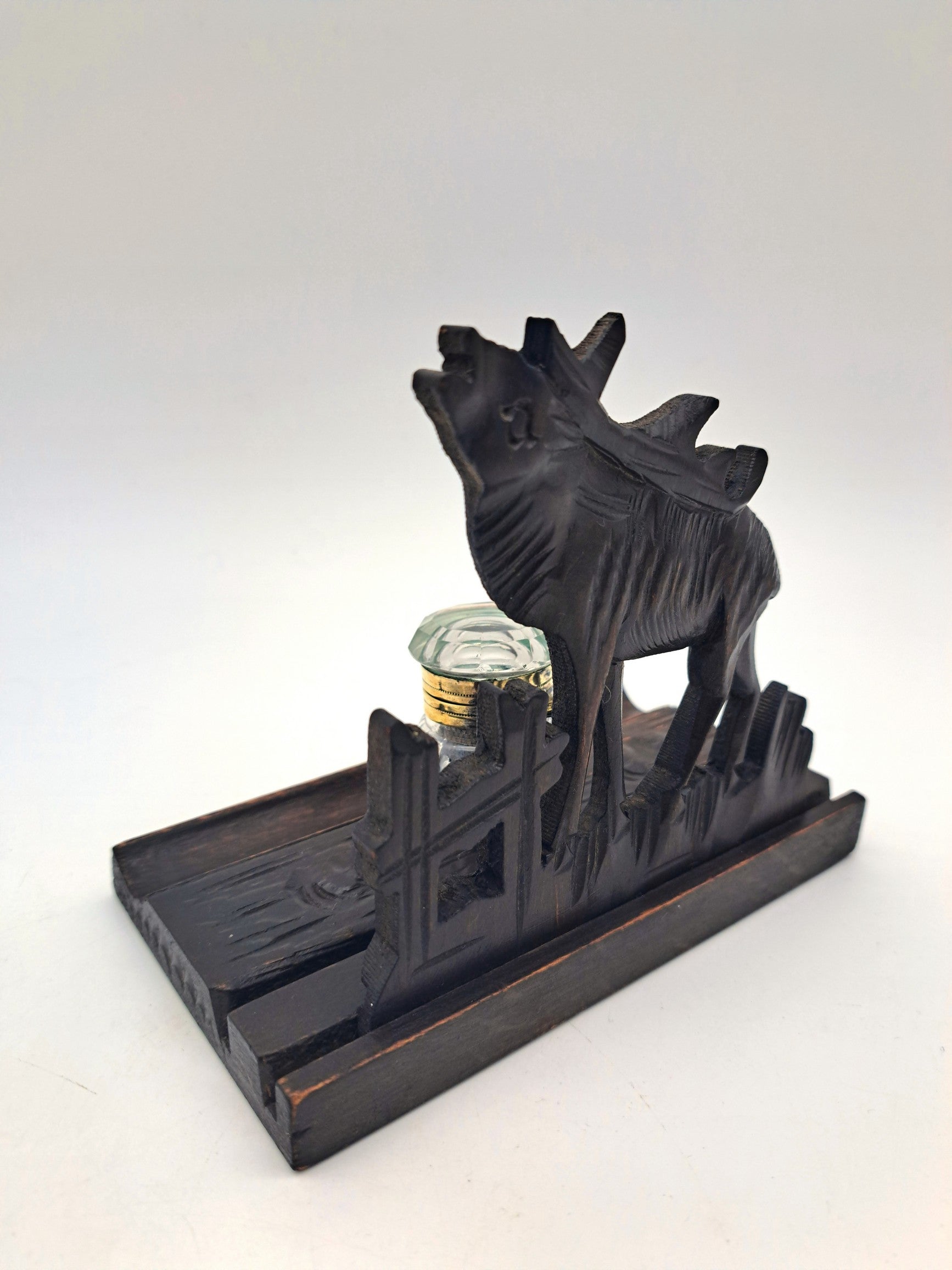 Vintage Hand-Carved Wooden Stag Inkwell Desk Stand