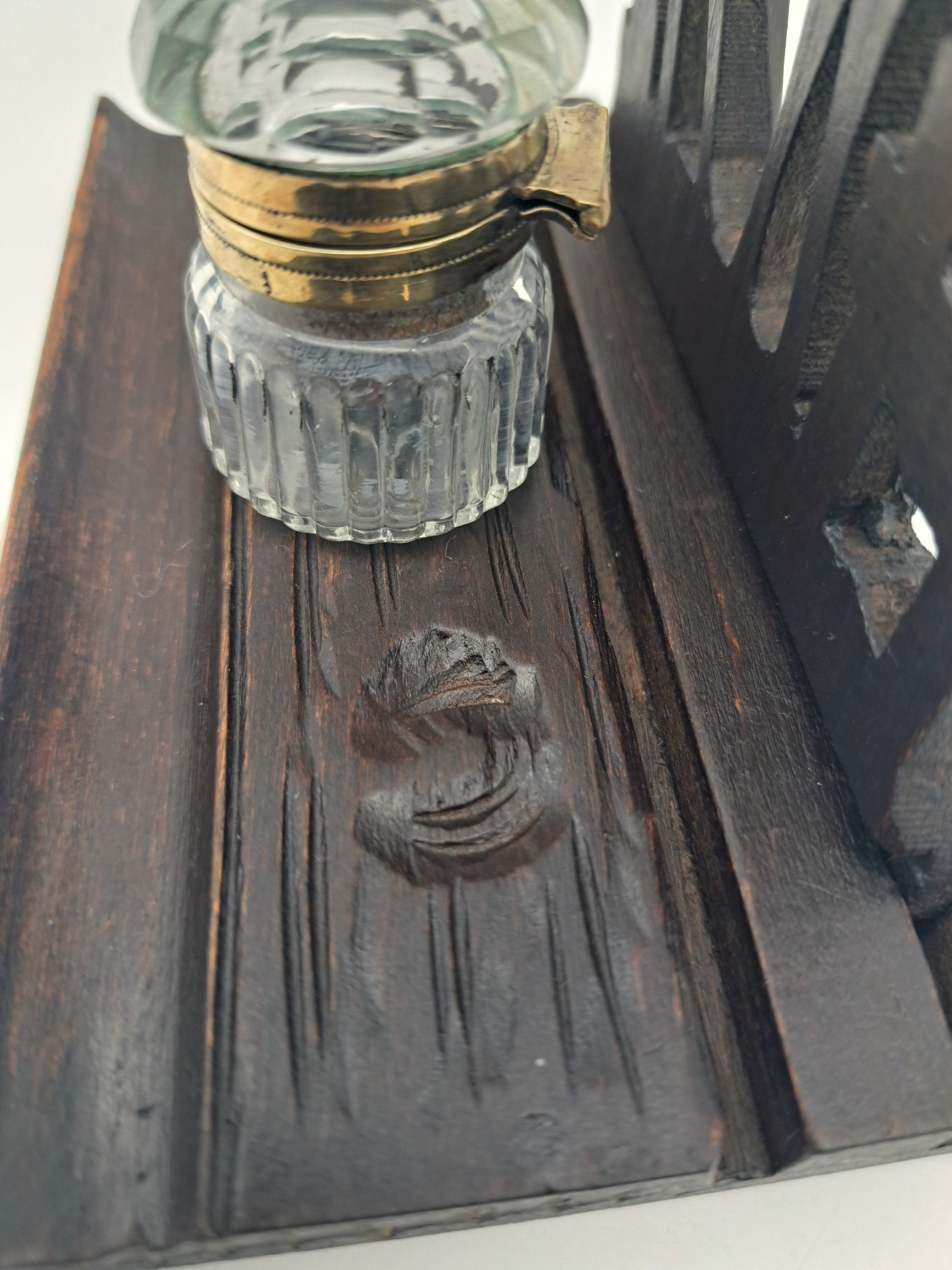 Vintage Hand-Carved Wooden Stag Inkwell Desk Stand