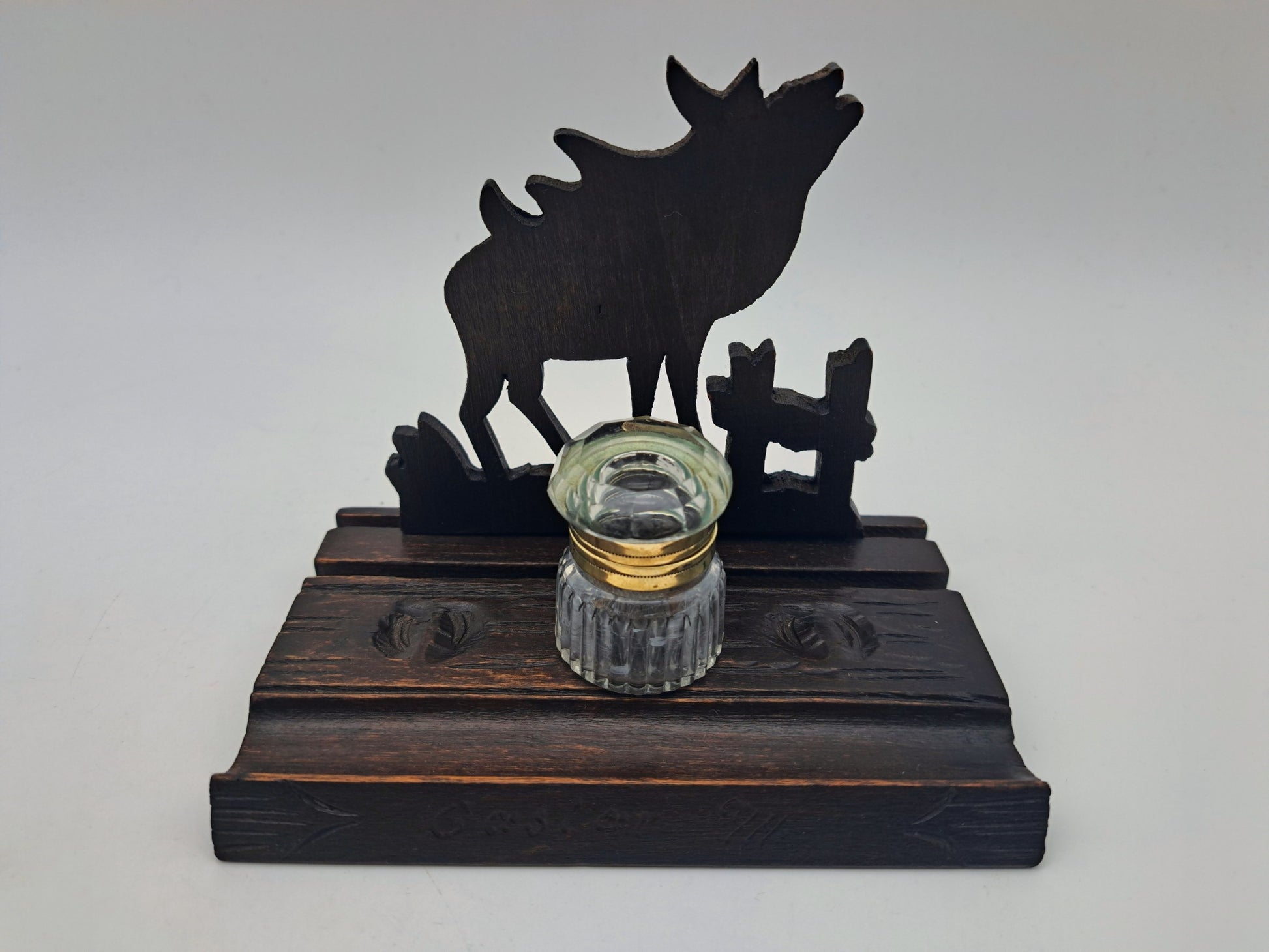 Vintage Hand-Carved Wooden Stag Inkwell Desk Stand