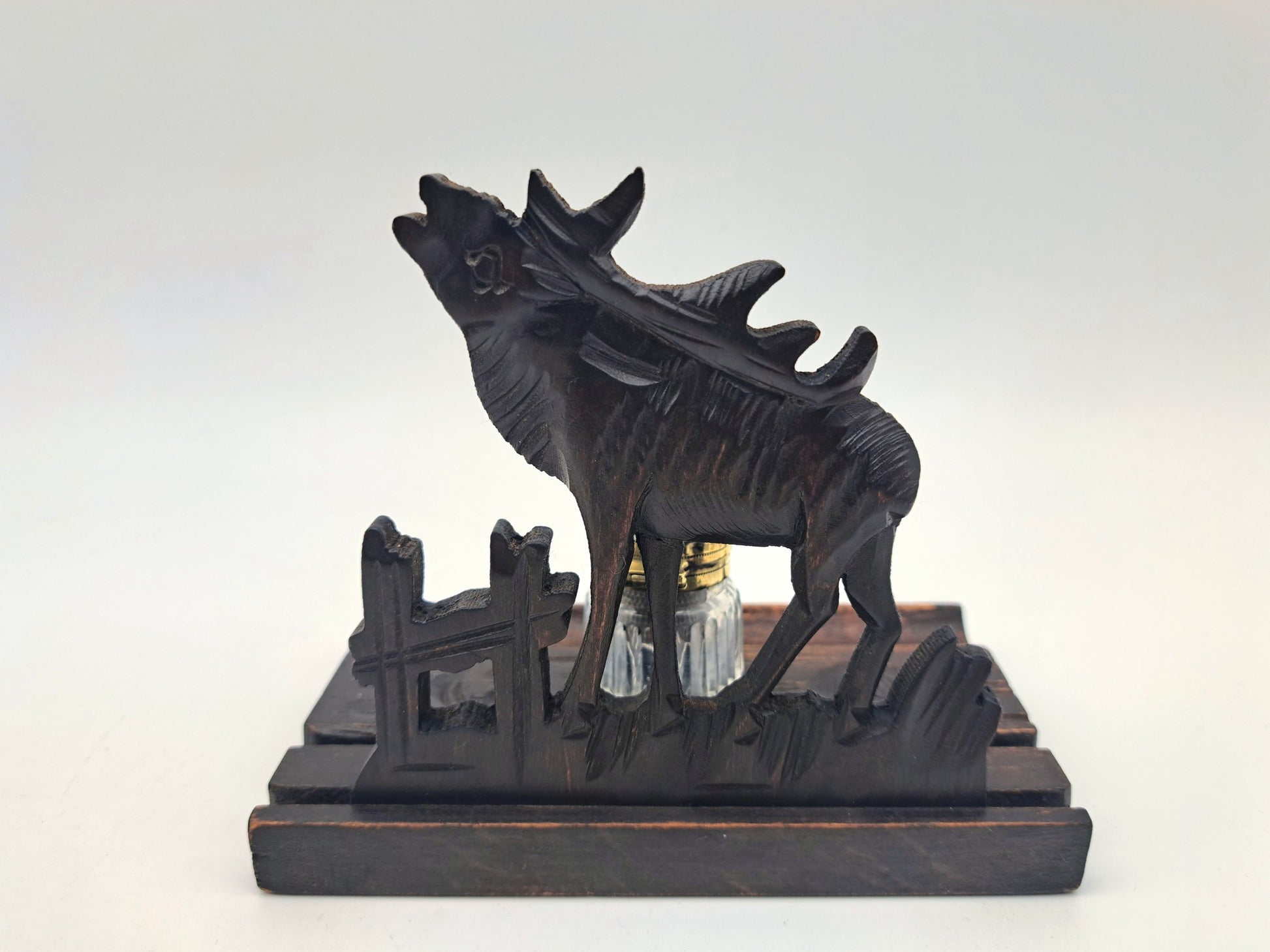 Vintage Hand-Carved Wooden Stag Inkwell Desk Stand