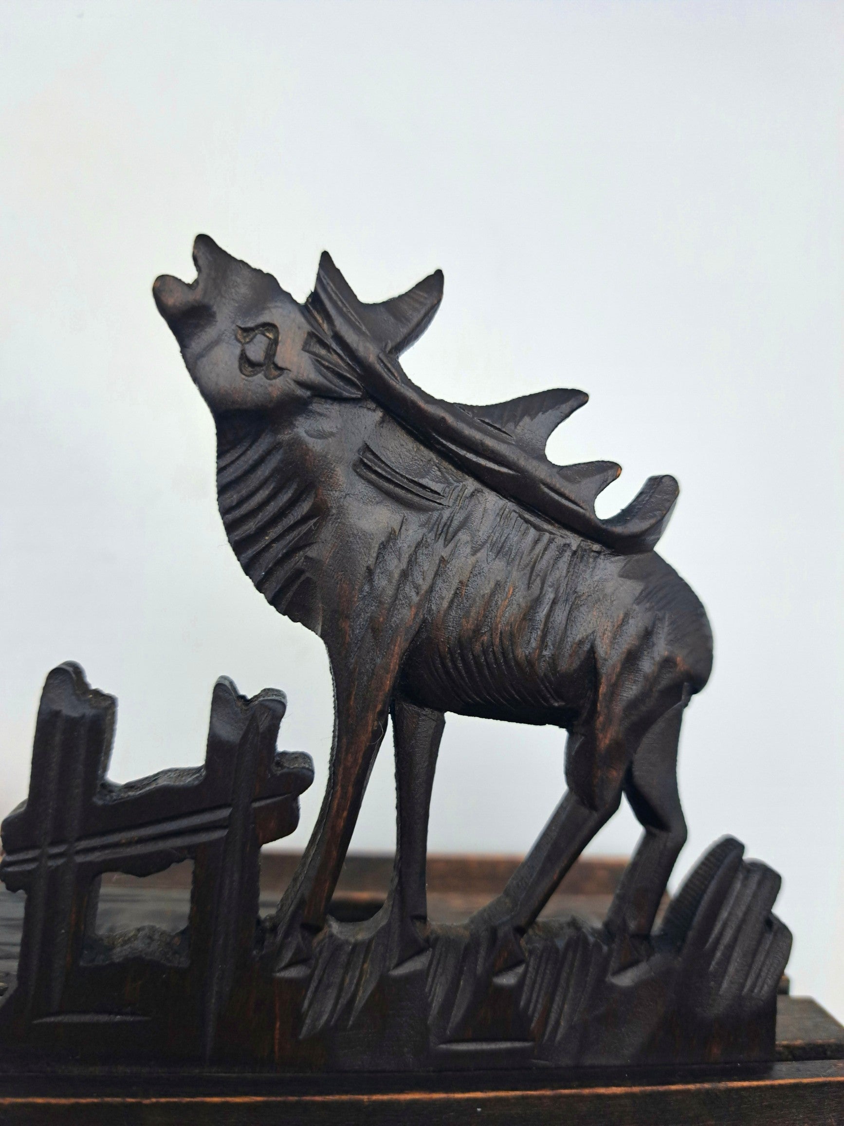 Vintage Hand-Carved Wooden Stag Inkwell Desk Stand