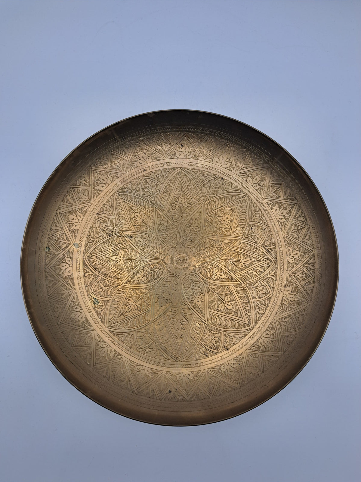 Vintage Etched Pedestal Brass Bowl / Middle Eastern Wall Hanging Tray