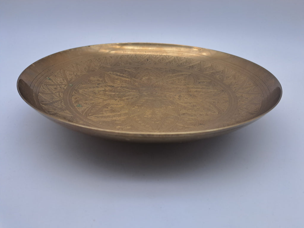 Vintage Etched Pedestal Brass Bowl / Middle Eastern Wall Hanging Tray