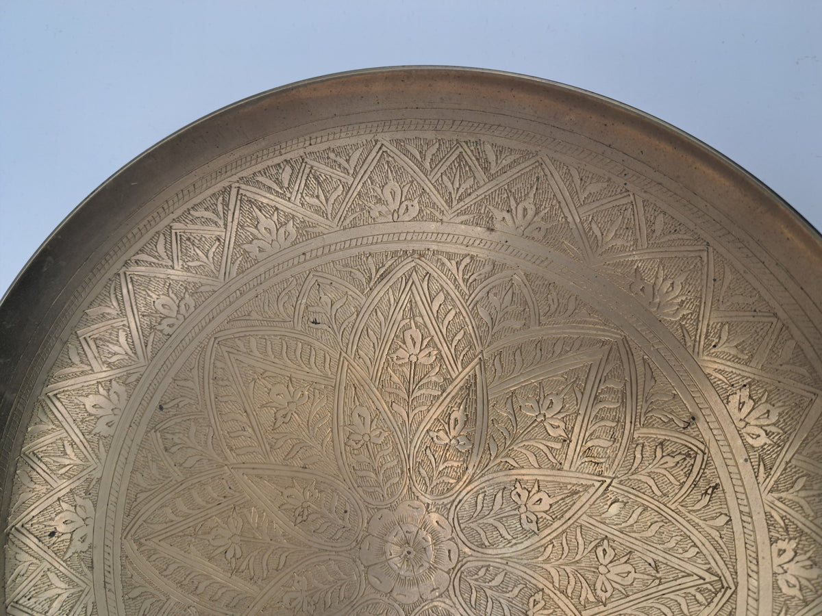 Vintage Etched Pedestal Brass Bowl / Middle Eastern Wall Hanging Tray