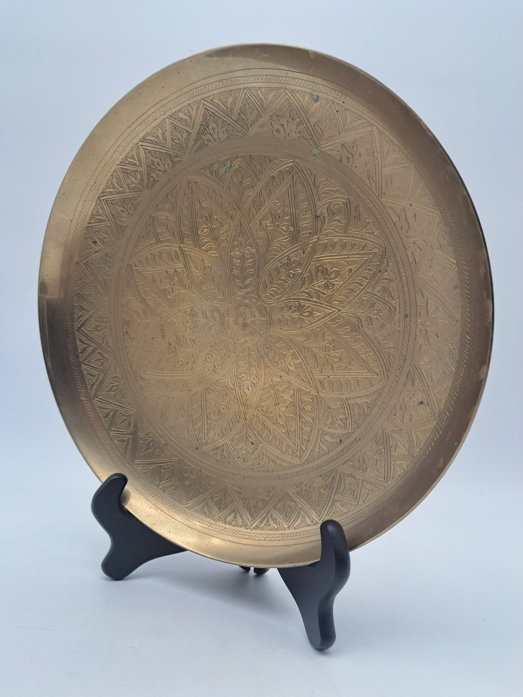 Vintage Etched Pedestal Brass Bowl / Middle Eastern Wall Hanging Tray