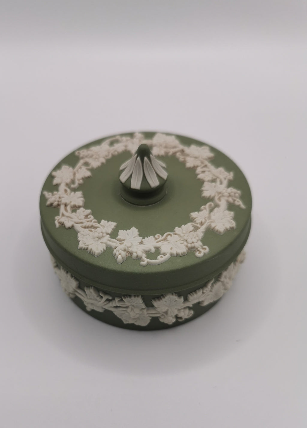Vintage Wedgwood Sage Green Jasperware Small Round Grapevine Trinket Box