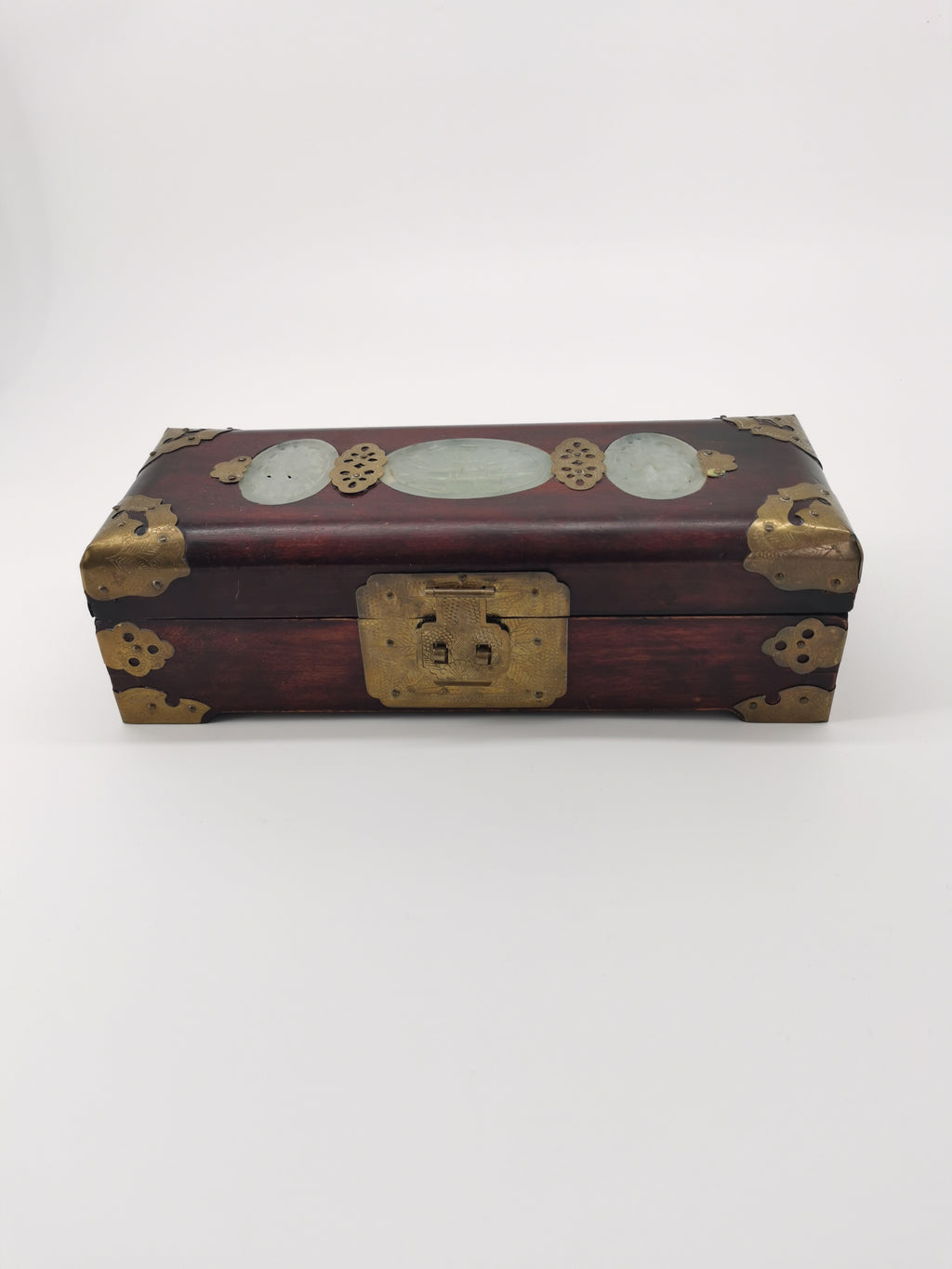 Chinese Wooden box with brass and jade