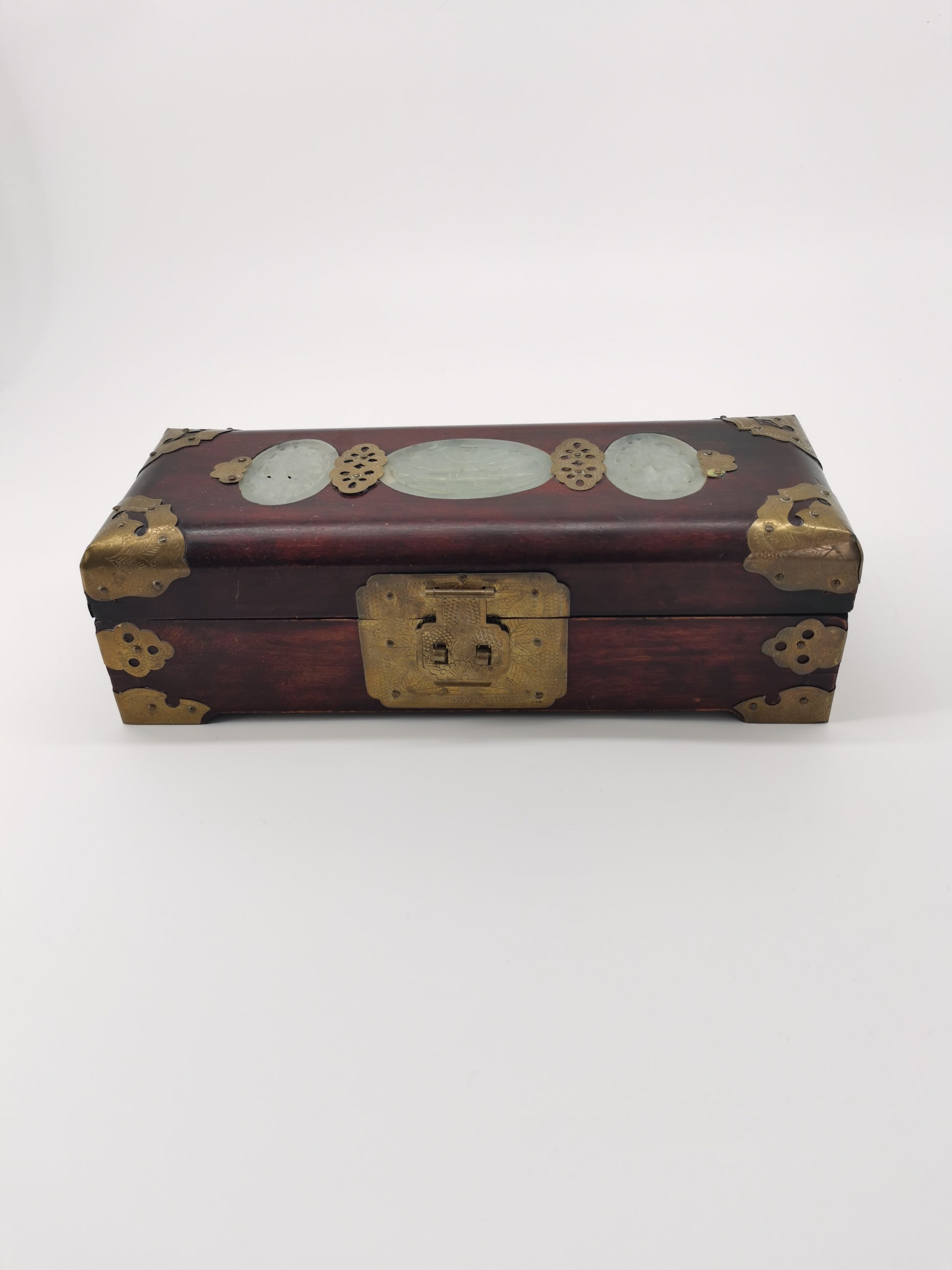 Chinese Wooden box with brass and jade