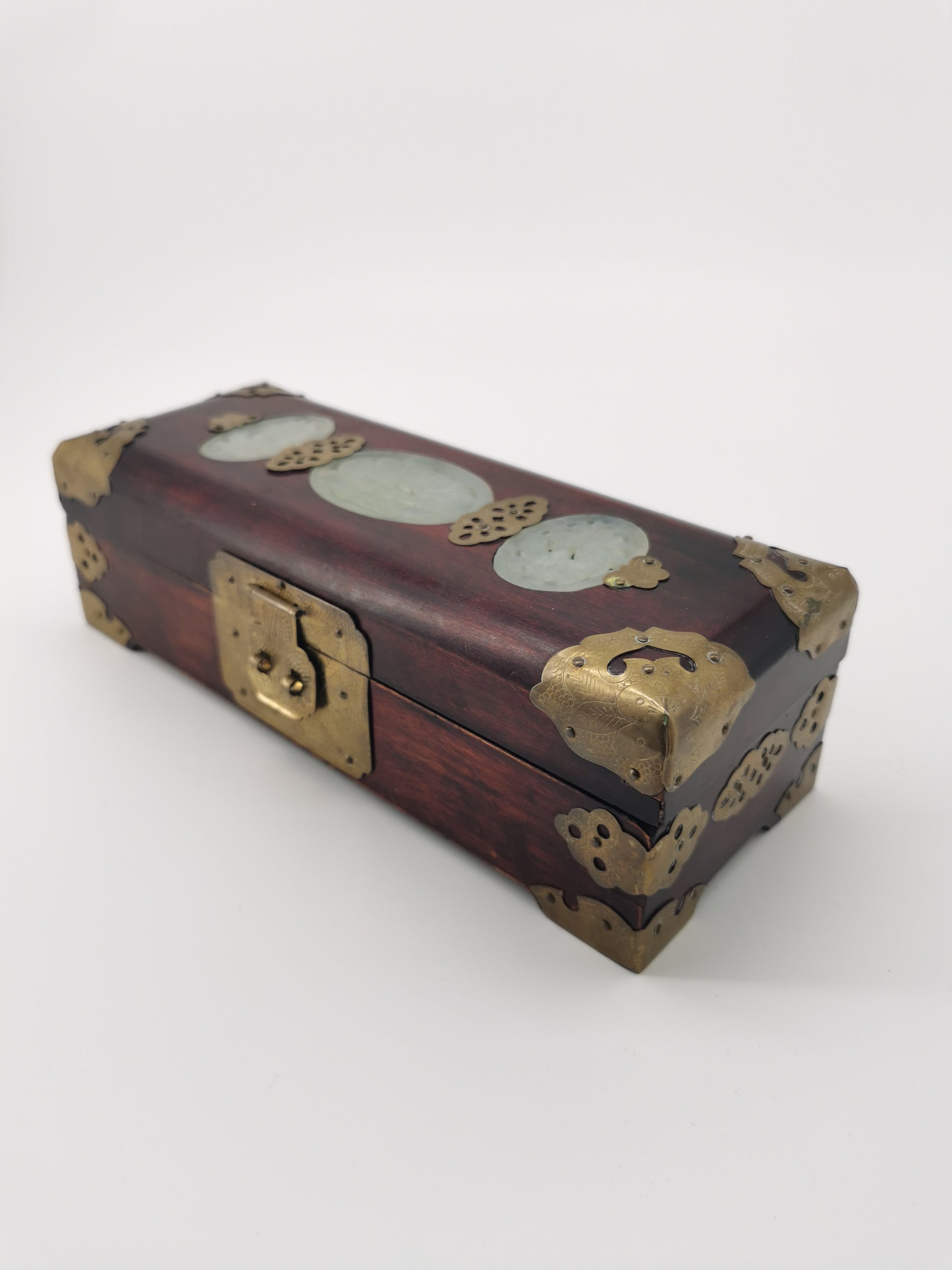 Chinese Wooden box with brass and jade