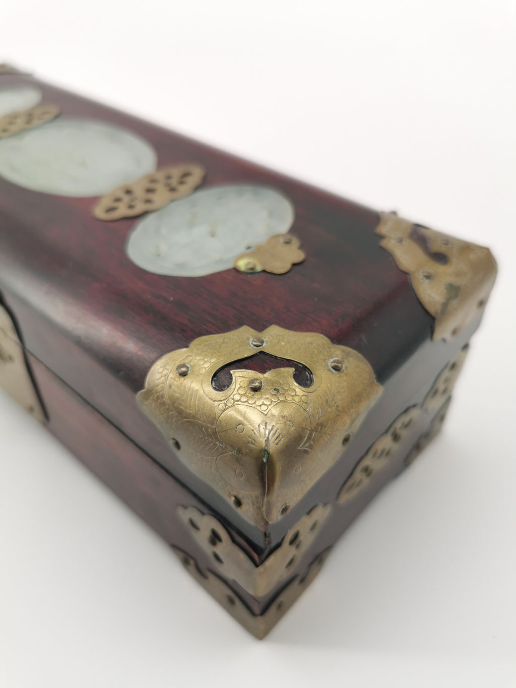 Chinese Wooden box with brass and jade
